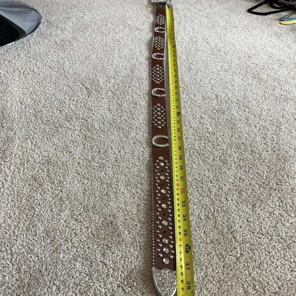 BROWN leather rhinestone horse shoe embellished